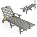 Lounge Chair Outdoor, Oversized Chaise Lounge Chair With 5 Positions, Hdpe, Patio Lounge Chair With Wheels & Cup Holder For Pool, Deck, Poolside, Grey
