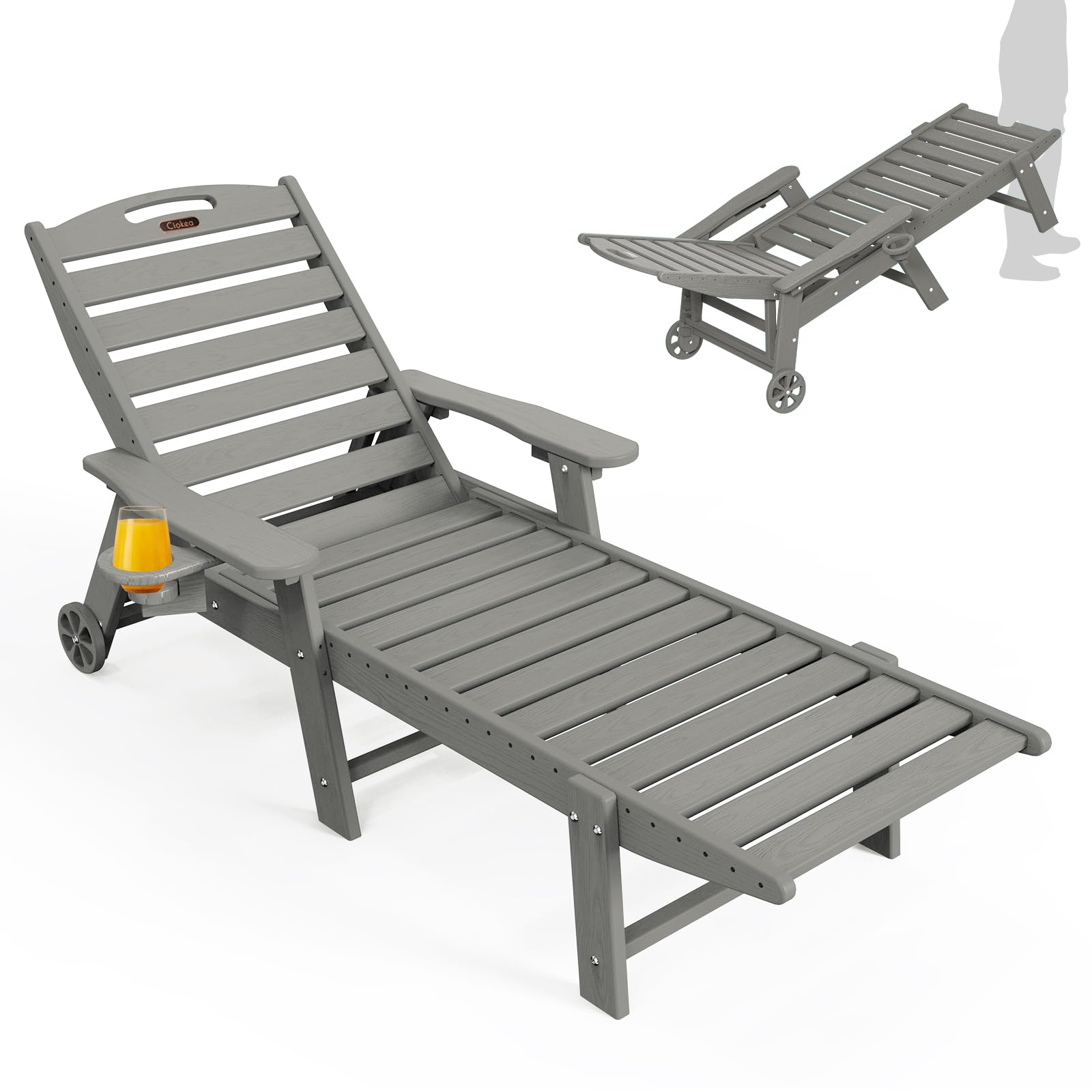 Lounge Chair Outdoor, Oversized Chaise Lounge Chair With 5 Positions, Hdpe, Patio Lounge Chair With Wheels & Cup Holder For Pool, Deck, Poolside, Grey