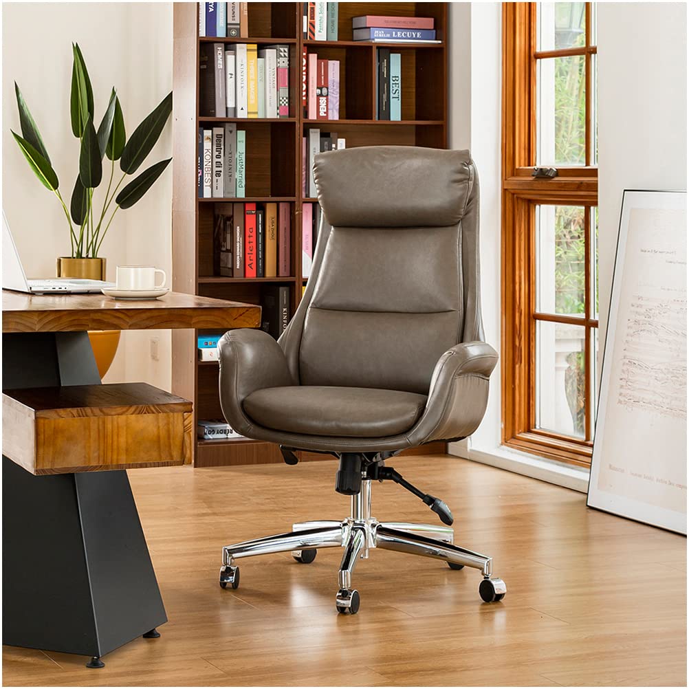 Glitzhome Mid-Century Modern Leatherette Adjustable Swivel High Back Office Chair Brownish Grey