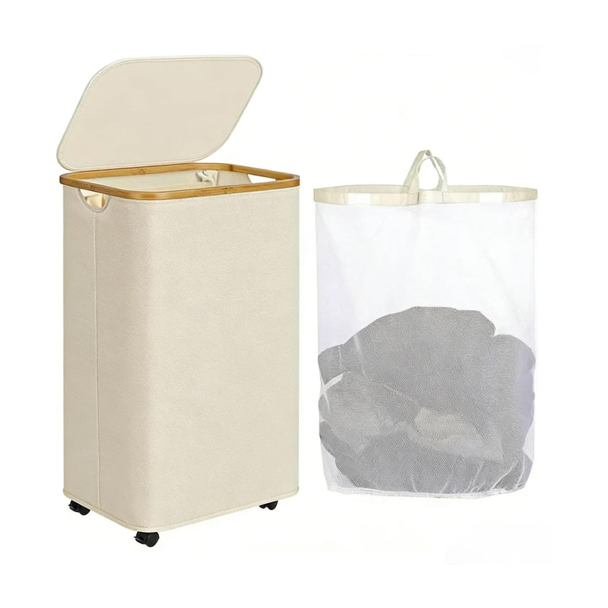 Collapsible Laundry Hamper 110L, Rolling Basket on Wheels, Bamboo Lid Handle, Removable Liner Bag, 8mm Metal Support Rods, 360 S