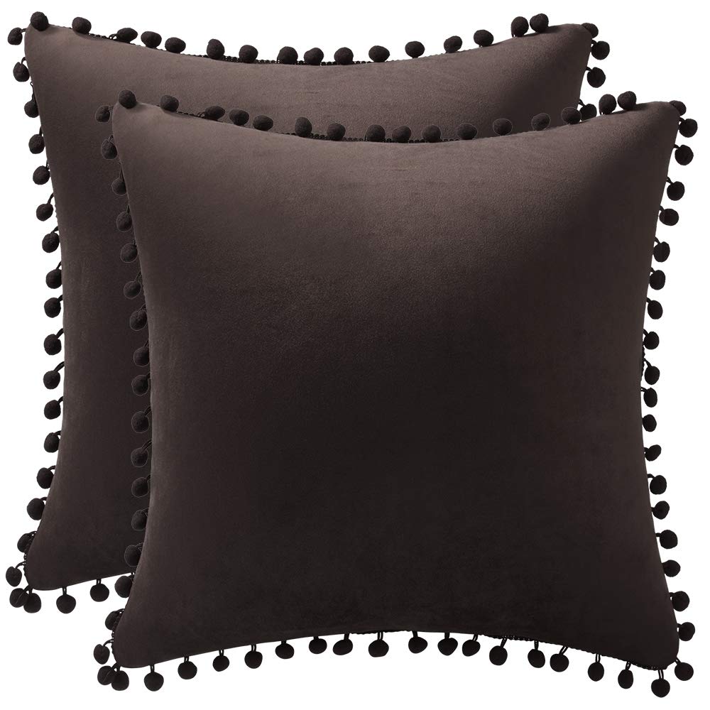 Dezene Decorative Pillow Cases 24X24 Chocolate: 2 Pack Cozy Soft Pom-Poms Velvet Square Throw Pillow Covers For Farmhouse Home D