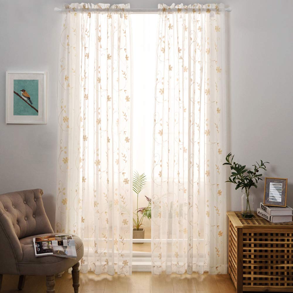 Mystic-Home Embroidery White Sheer Curtains 84 Inches Long, Rod Pocket Sheer Drapes For Living Room, Bedroom, 2 Panels, 52'X84'