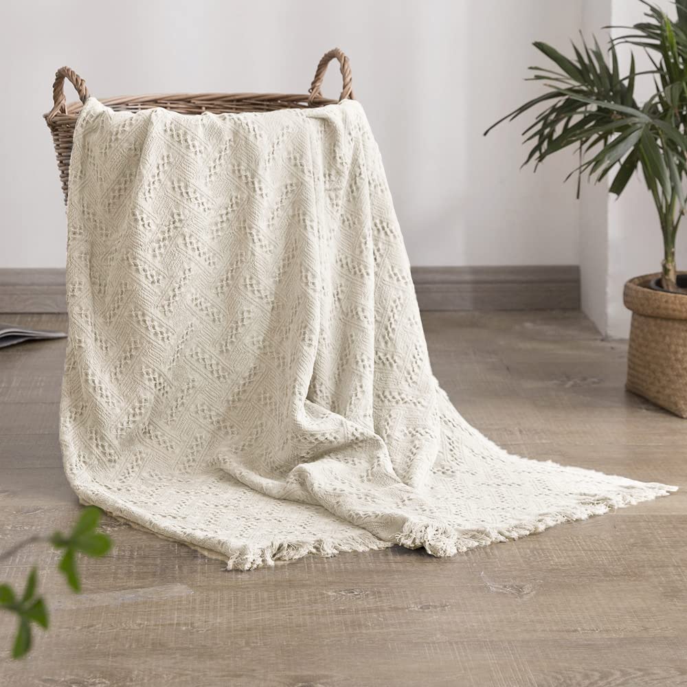 Simple&Opulence 100% Cotton Throw Blanket For Bed, Couch, Boho Luxury Geometric Knit Woven Blanket With Tassels Soft Lightweight