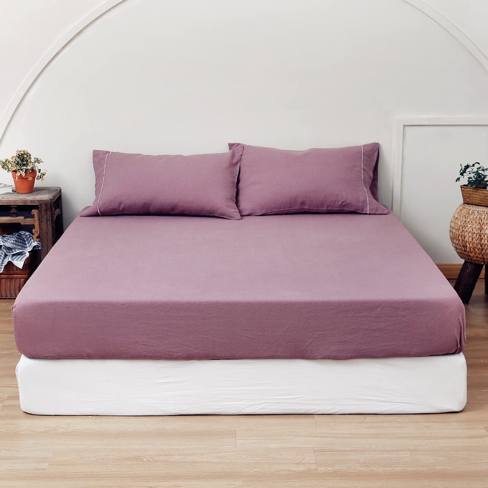 King Linens 100% Linen Fitted Sheet Stone Washed Solid Color - (1 Piece) 14 inch Deep Pocket Mattress Cover Soft Natural Breatha