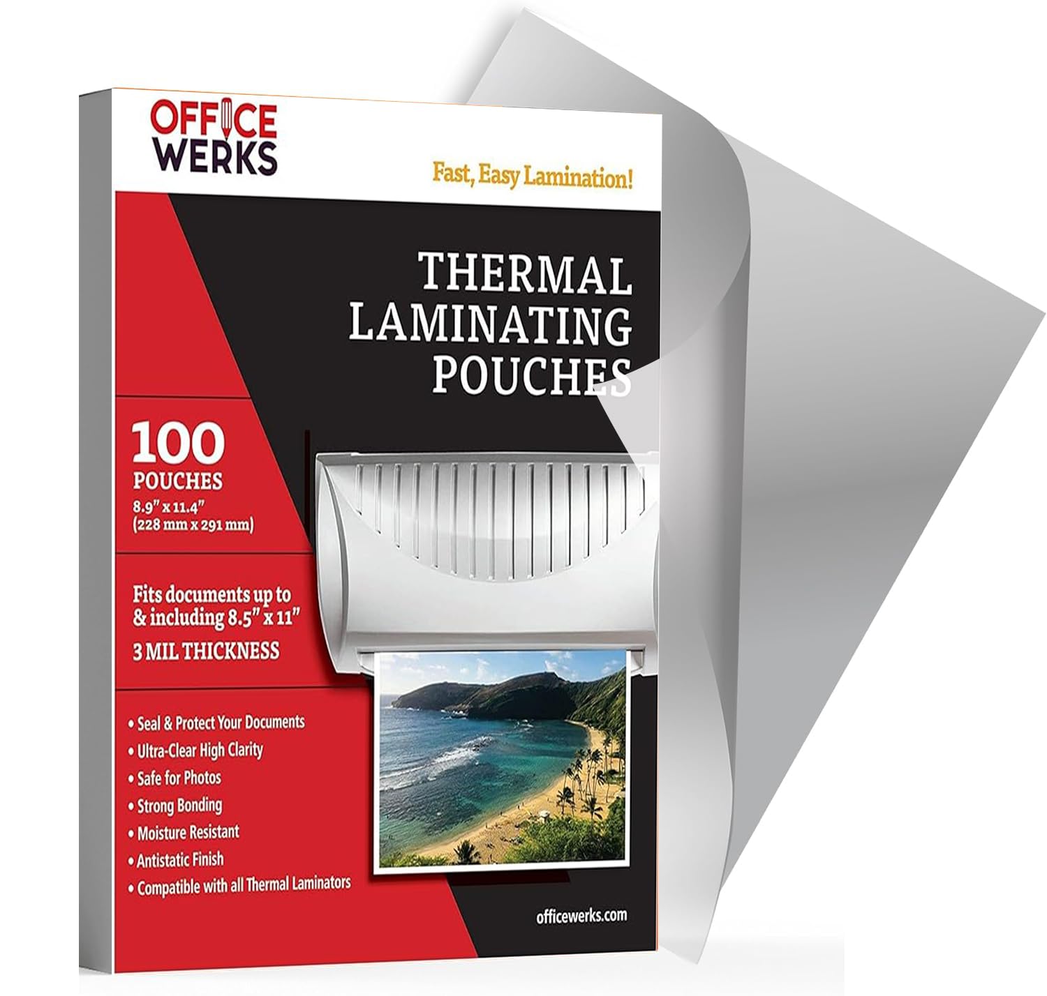 Office Werks 100 Pack Of Thermal Laminating Pouches, 8.9' X 11.4', Letter Size Sheets, 3 Mil Thickness, Compatible With All Th