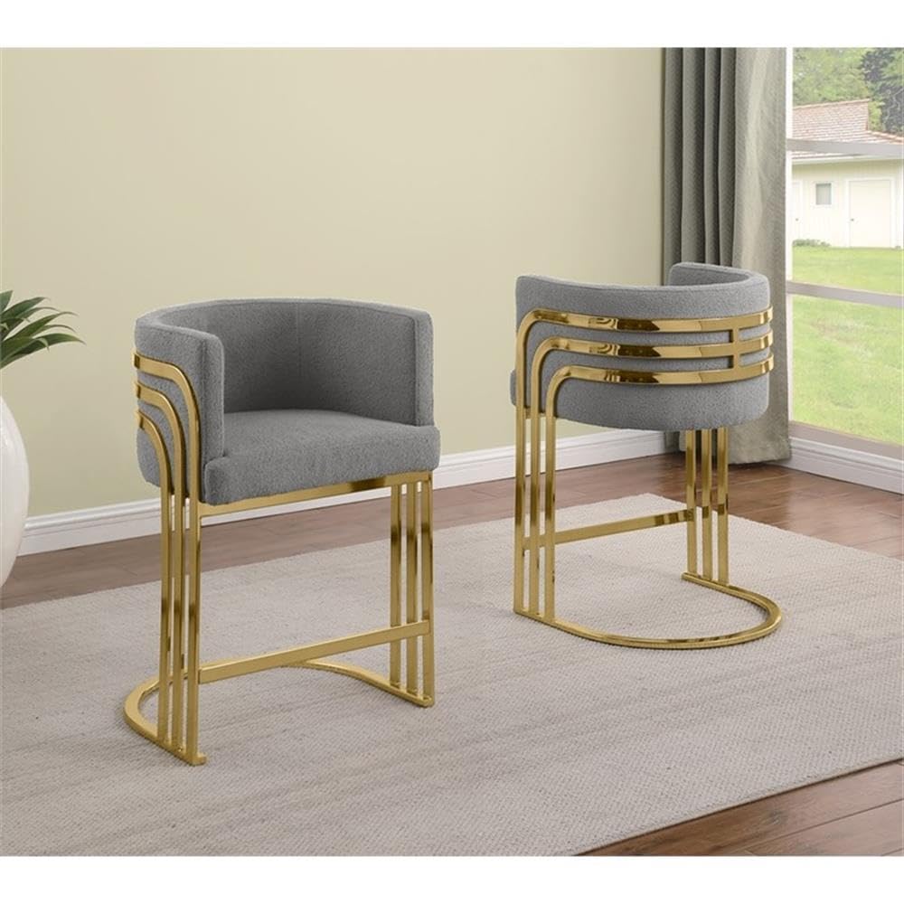 Best Quality Furniture Modern Teddy Fabric Bar Stools with Chrome Legs - Dark Gray - Elegant Barrel Design with Gold Frame - Set of 2 - Perfect for Dining Room, Bar, Office, or Living Room