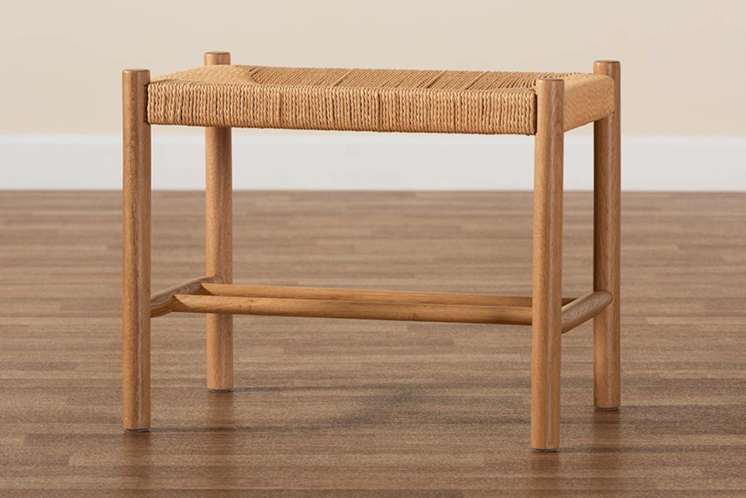 Baxton Studio Saura Mid-Century Modern Oak Brown Finished Wood and Hemp Accent Bench