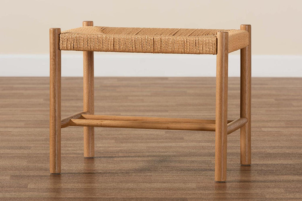 Baxton Studio Saura Mid-Century Modern Oak Brown Finished Wood and Hemp Accent Bench