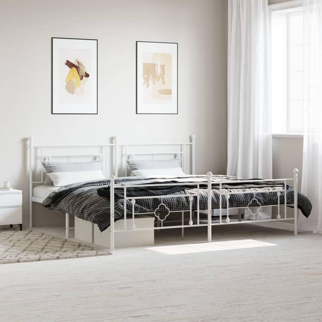 vidaXL 10'' King Metal Bed Frames with Headboard and Footboard, Platform Bed Frame with Strong Metal Slats Support, Under Bed Storage, Noise Free, White, Without Mattress