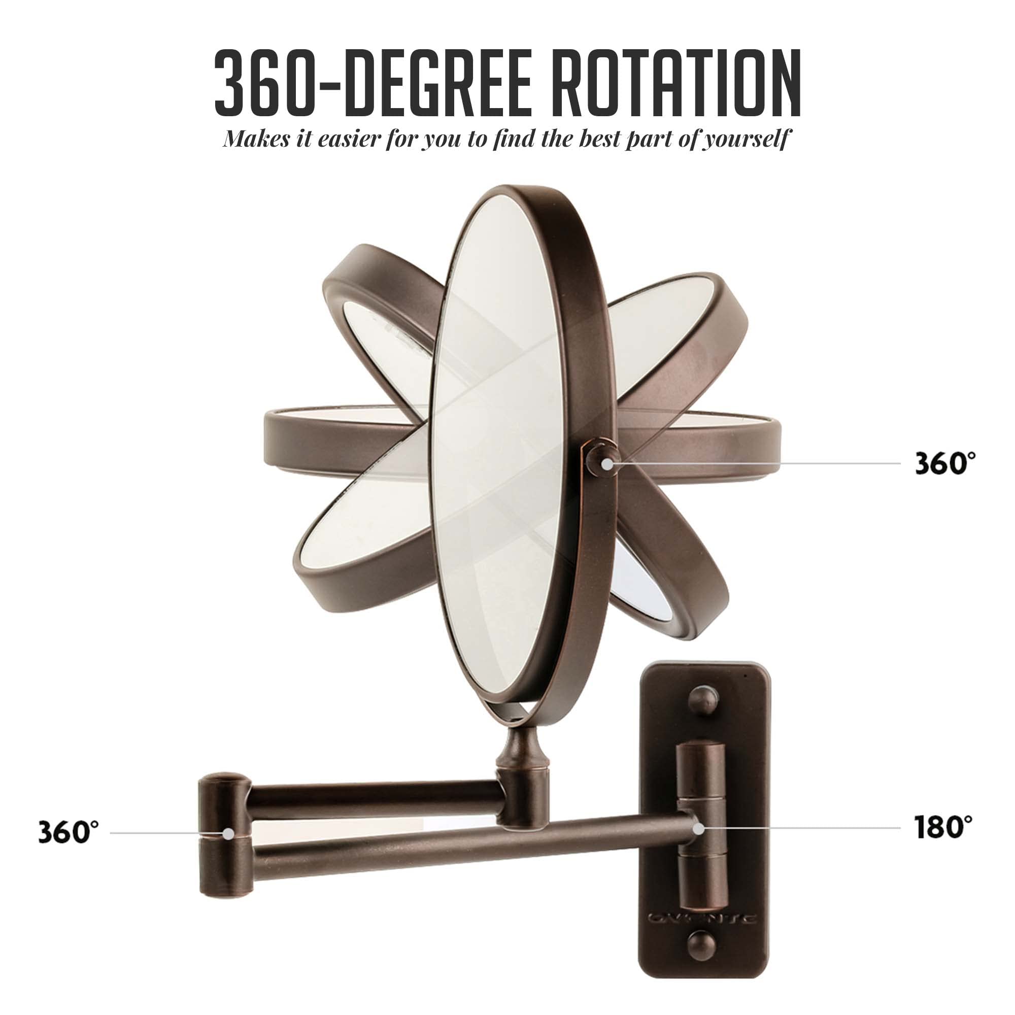 Ovente 7' Wall Mounted Makeup Mirror - 1X/ 10X Magnification, Rotating 360-Degree, Double-Sided, Extendable & Folding Arm, Clea