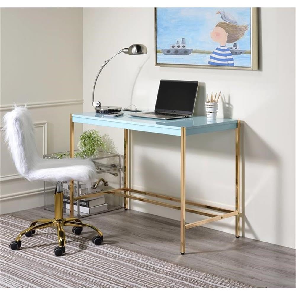 Acme Midriaks Wooden Top Writing Desk with USB Port in Baby Blue and Gold