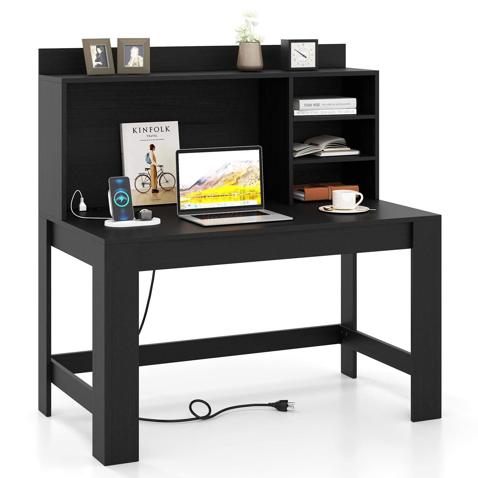 Giantex Computer Desk with Hutch, Modern Home Office Desk with Power Outlets, Storage Shelves & Cable Hole, Makeup Vanity Table,