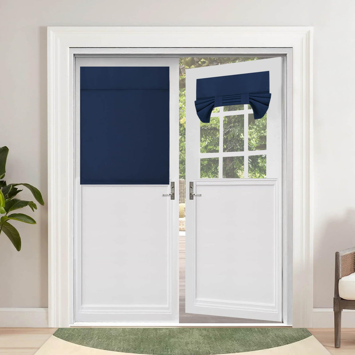 Outdoorlines Blackout French Door Curtains, Privacy Thermal Insulated Tie Up Glass Shades, Easy To Install Tricia Window Shade, Front Door Curtain, W26 X L40 Inch, Navy, 2 Panels