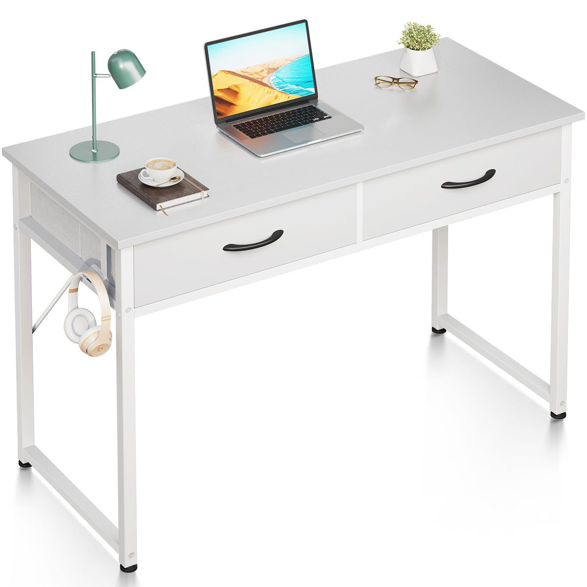 Odk 40 Inch Small Desk With Fabric Drawers- For Bedroom, White Vanity Desk With Storage, Home Office Computer Desk For Small Spaces, Modern Work Writing Study Table, White