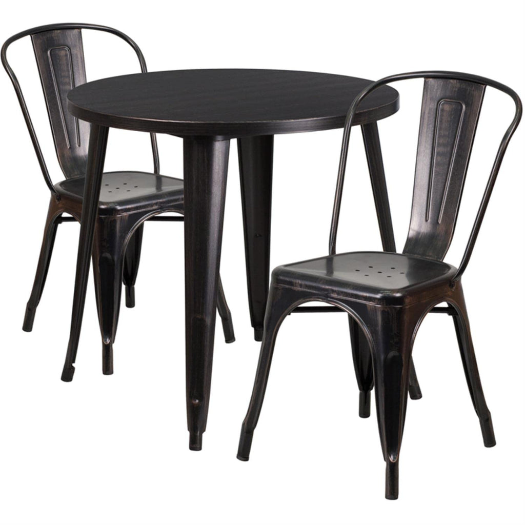 Flash Furniture Commercial Grade 30" Round Black-Antique Gold Metal Indoor-Outdoor Table Set With 2 Cafe Chairs