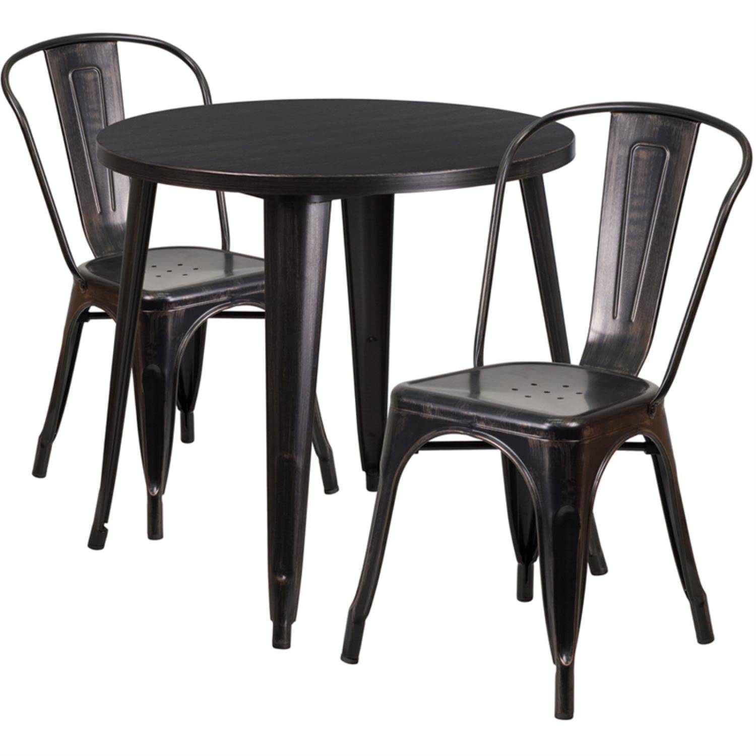 Flash Furniture Commercial Grade 30" Round Black-Antique Gold Metal Indoor-Outdoor Table Set With 2 Cafe Chairs
