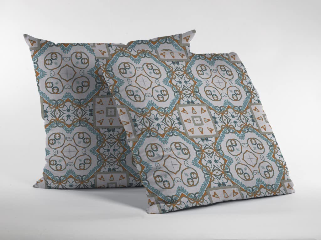 HomeRoots Orange and Light Blue On White Broadcloth 28â€ Blue Orange Mandala Indoor Outdoor Throw Pillow