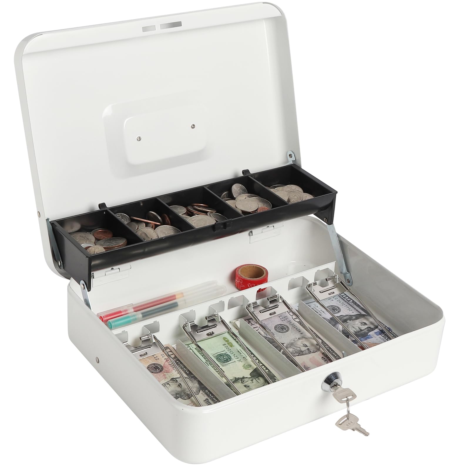 Lovndi Large Cash Box With Money Tray And Lock, Metal Money Box For Cash, Lockbox 11.8 X 9.5 X 3.54 Inches, White