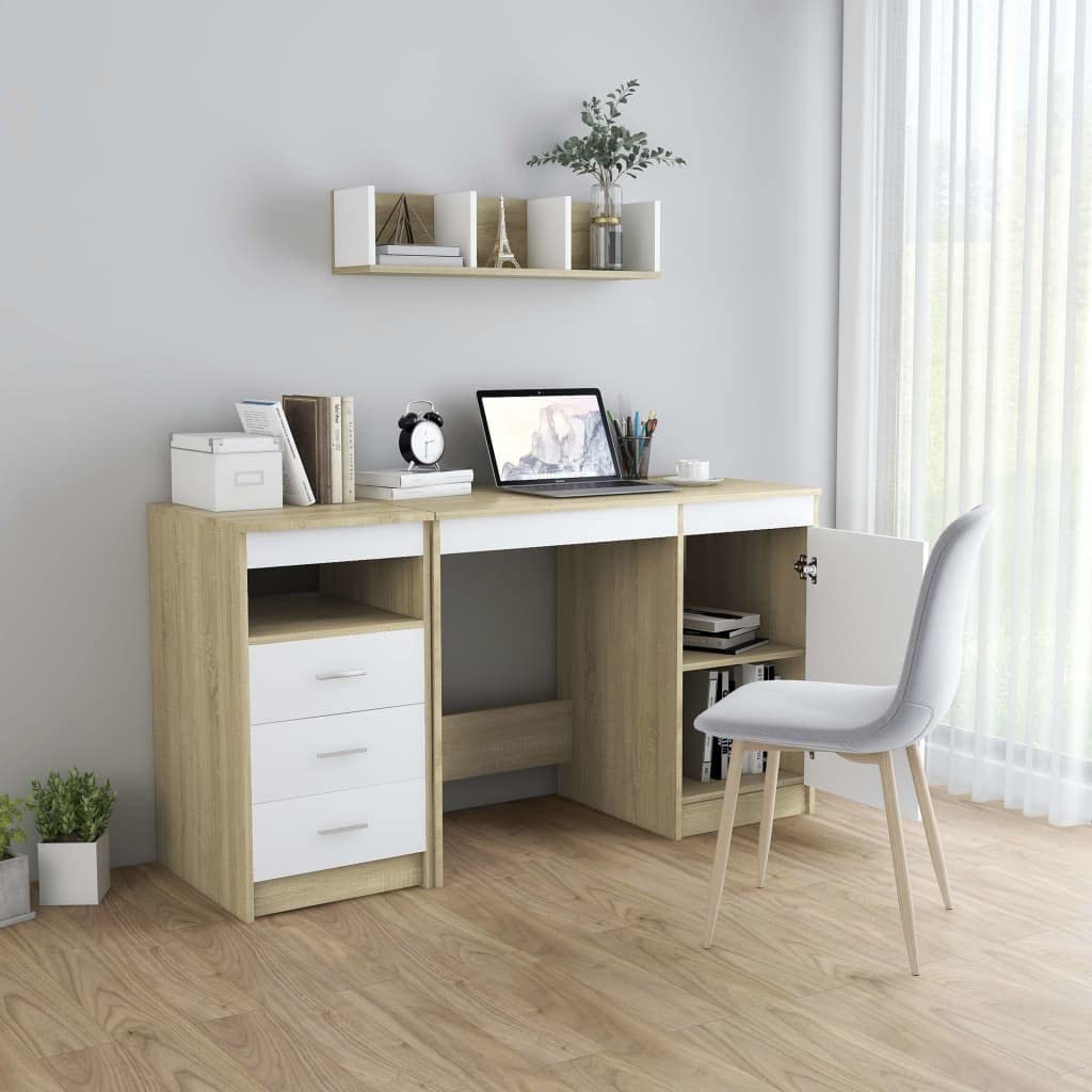 vidaXL Desk, Computer Desk with Storage Cabinet, Home Office Desk, Workstation for Living Room Bedroom, Modern, White and Sonoma Oak Engineered Wood