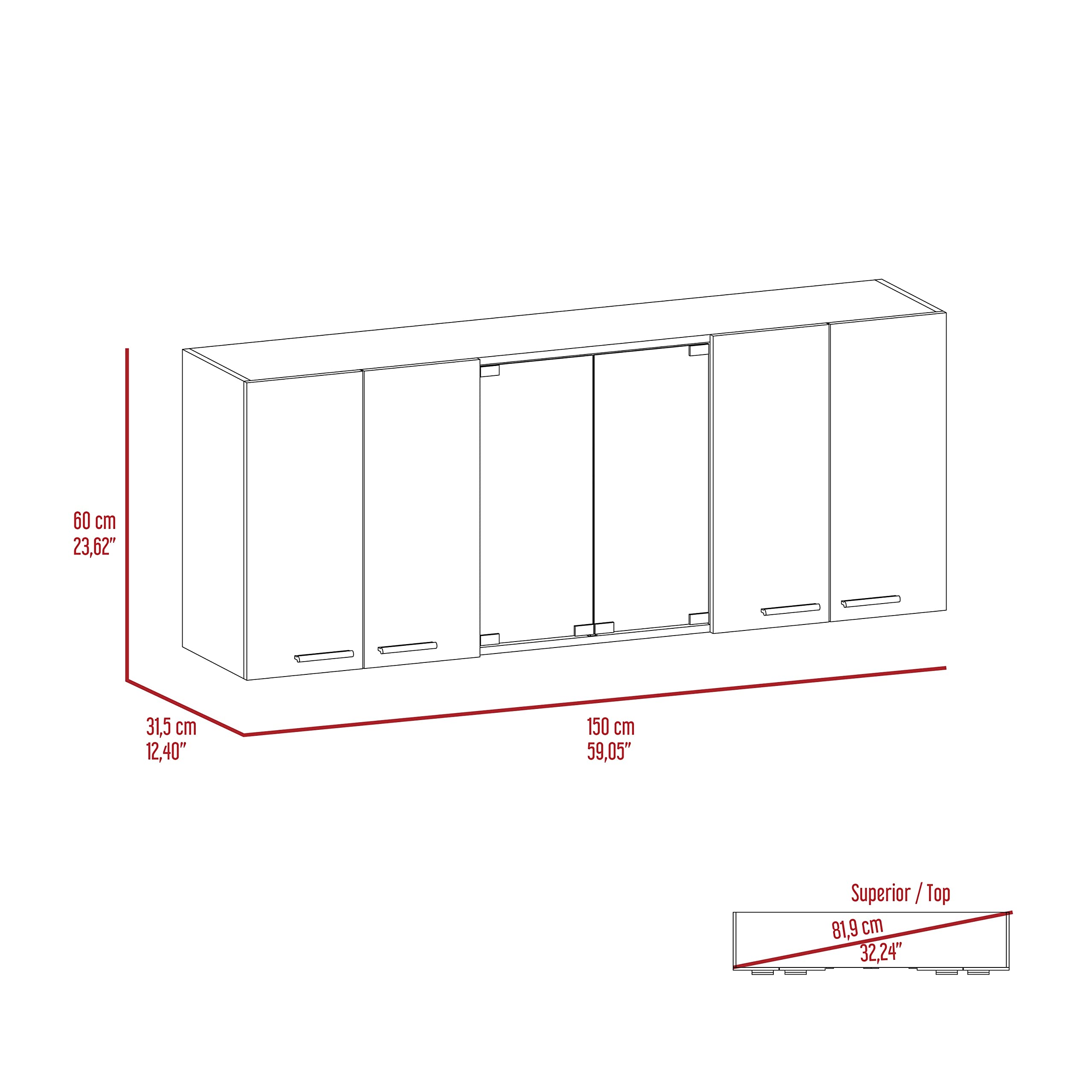 Tuhome Superior 150 Wall Cabinet with Glass, Four Interior Shelves, Two Double Door -White