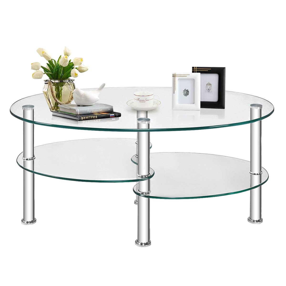 Multigot Tempered Glass Coffee Table Furniture, 3-Tier Cocktail Center Table With Open Shelf And Heavy-Duty Steel Frame, Oval Snack Tea Sofa Side End Table For Living Room Office (Transparent)