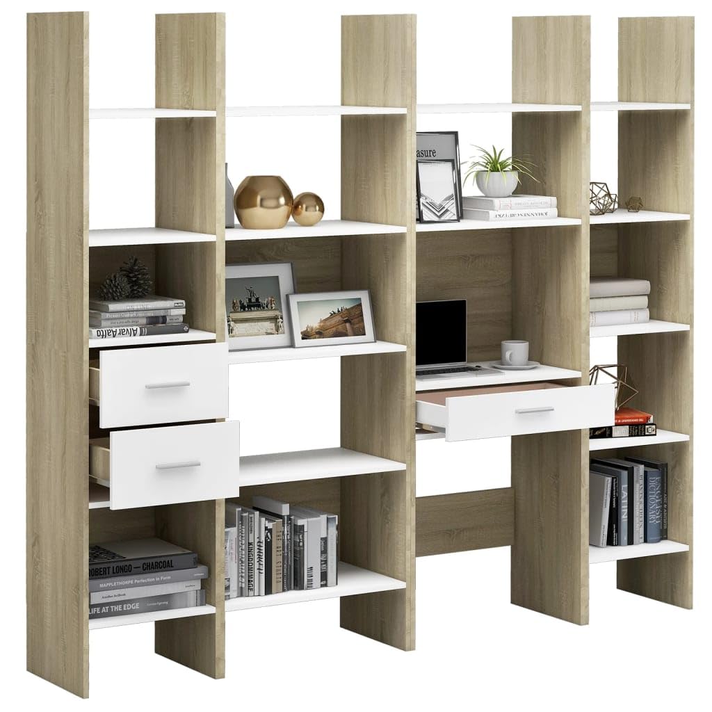 vidaXL Bookshelf, Book Cabinet Open Shelf Bookcase, Wall Bookshelf for Office Living Room, Shelving Unit, Modern, White and Sonoma Oak Engineered Wood