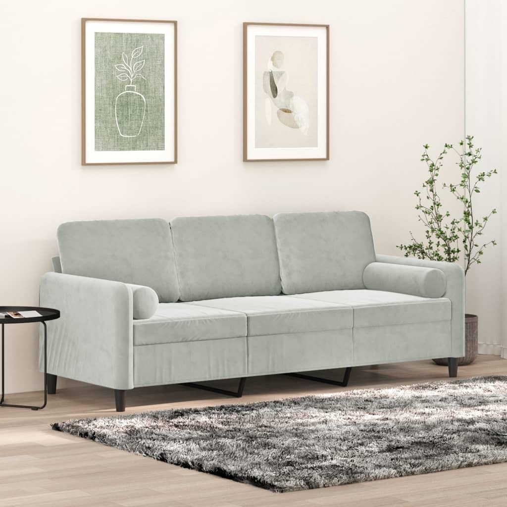 vidaXL Light Gray 3-Seater Velvet Sofa with Throw Pillows and Removable Covers, Modern Design, Extra Comfort, Robust Construction