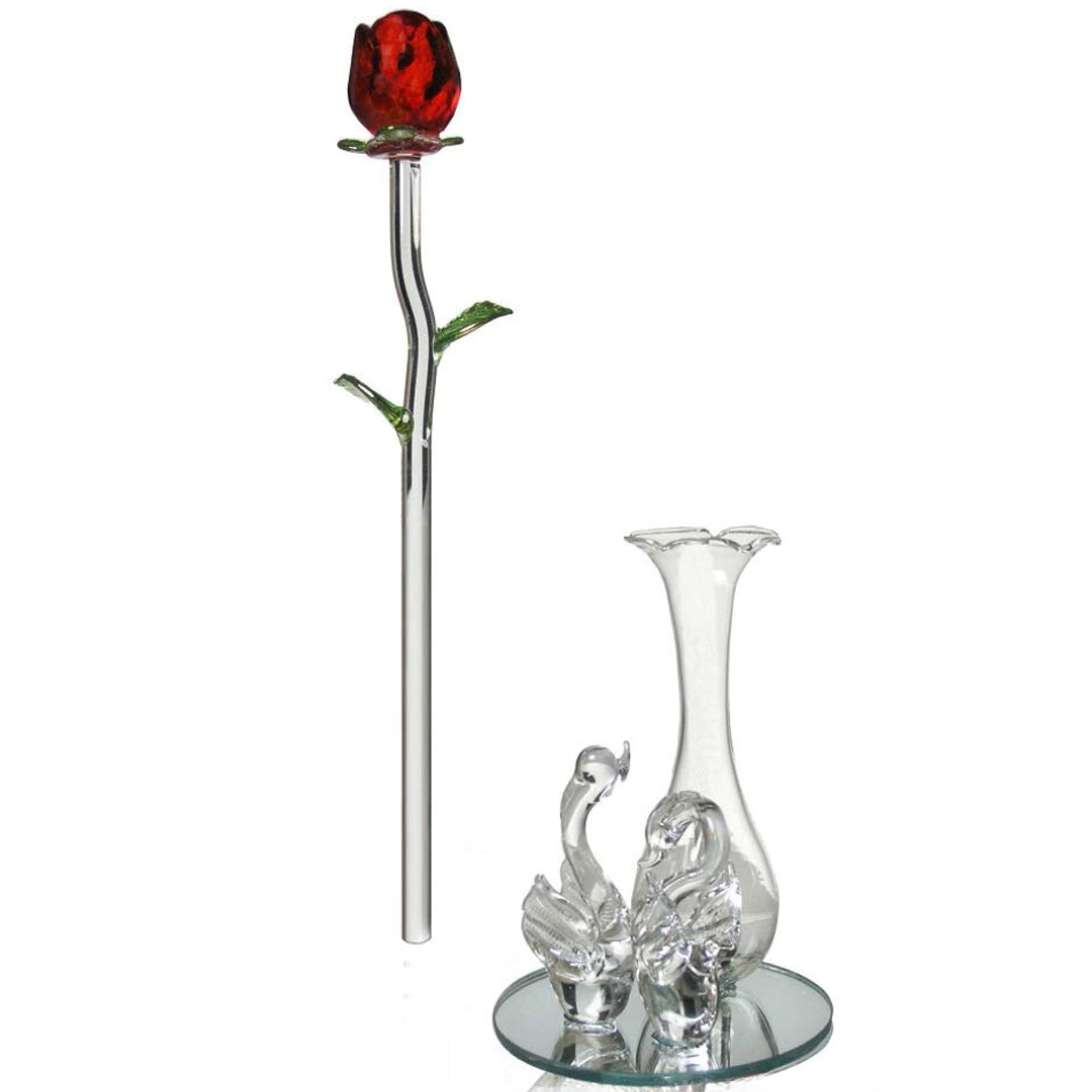 BANBERRY DESIGNS Red Crystal Glass Rosebud in a Swan Vase - Sweetheart - Christmas, Love - Valentines - Engagement - Birthday -