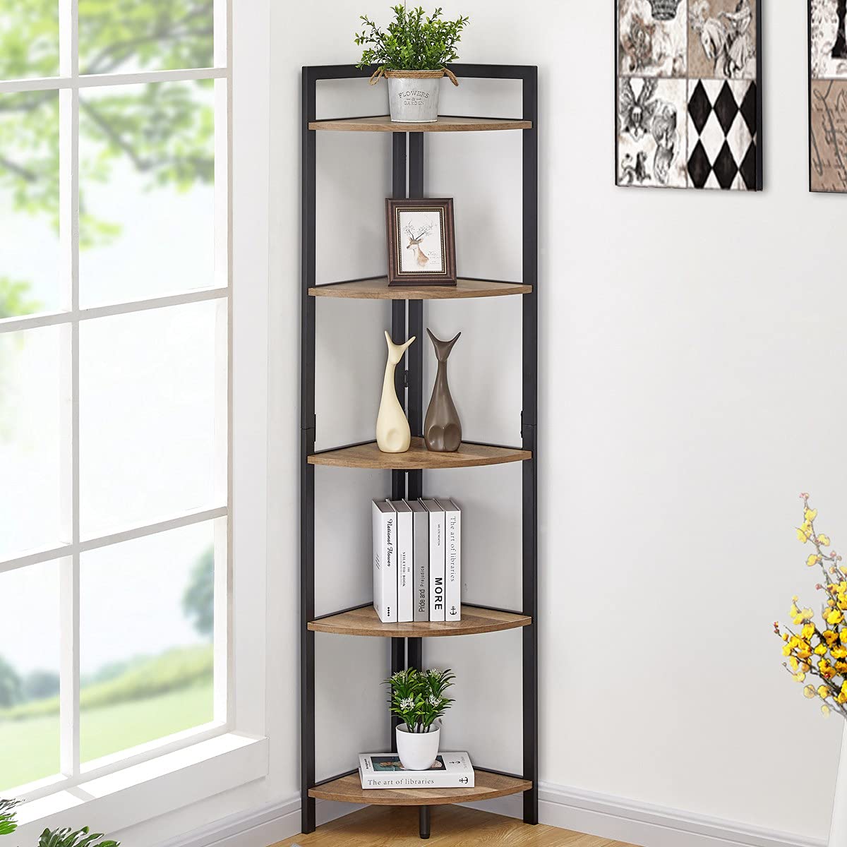 FATORRI Tall Corner Shelf, Industrial Corner Bookshelf, Wood and Metal Corner Shelf Stand for Living Room, Rustic Display Plant 