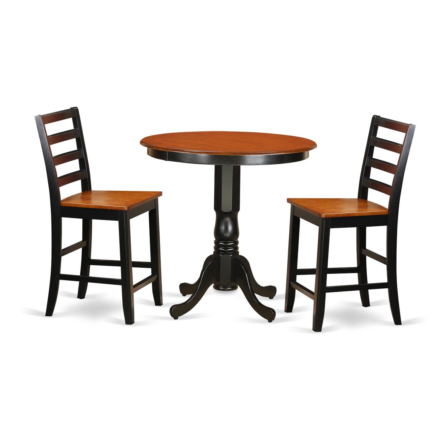 East West Furniture JAFA3-BLK-W 3 Piece Kitchen Counter Set for Small Spaces Contains a Round Dining Room Table with Pedestal and 2 Dining Chairs, 36x36 Inch, Black & Cherry