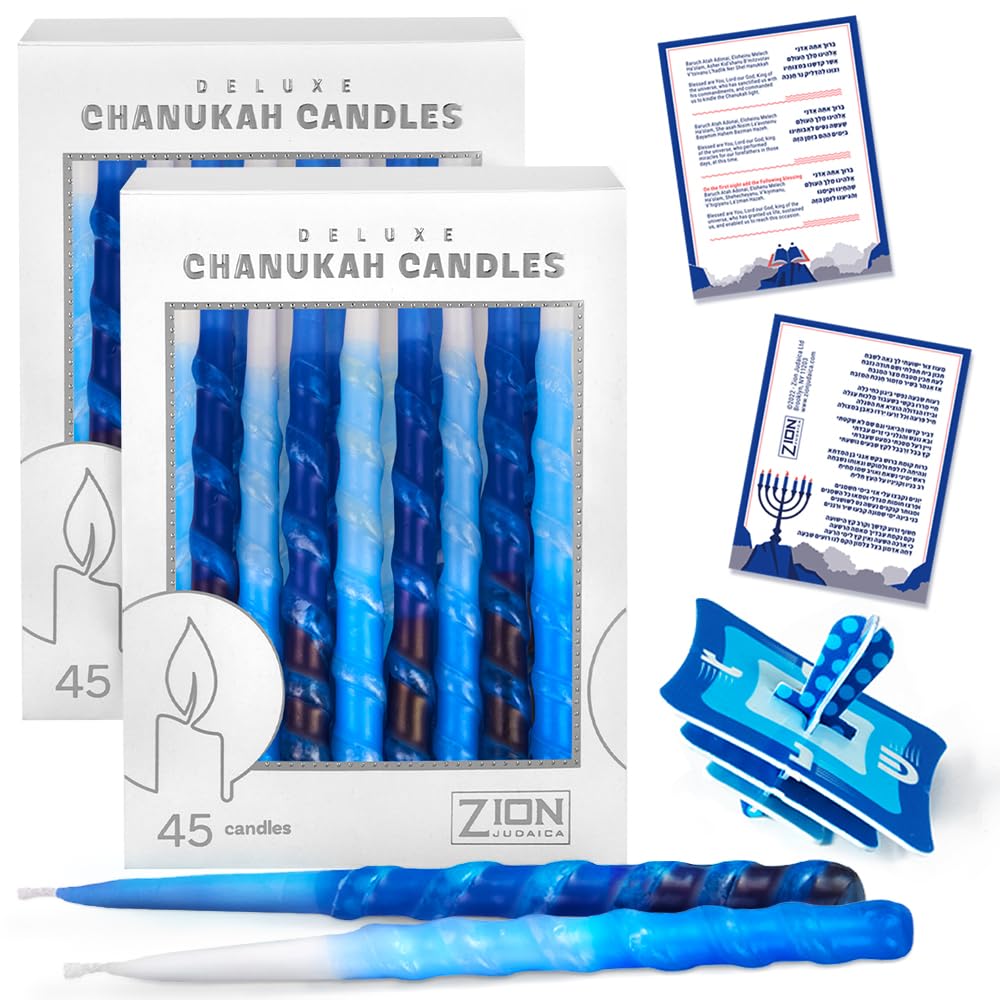 Dripless Hanukkah Candles Set - 45 Multi Tone Blue and White Ombre Spiral Candle Includes a DIY Dreidel, Prayer Card - Standard 