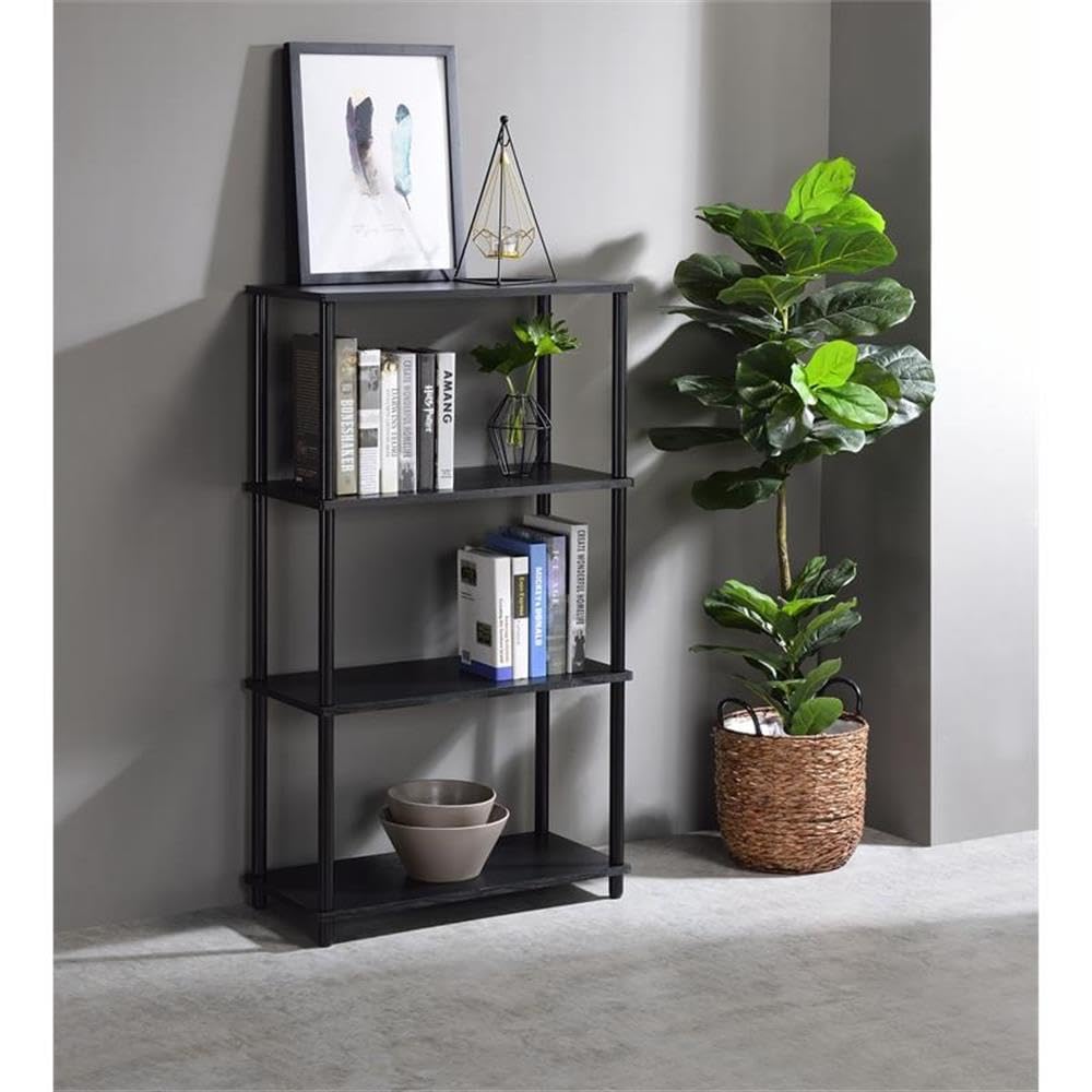 Acme Nypho 4 Wooden Shelves Rectangular Bookshelf With Metal Frame In Black