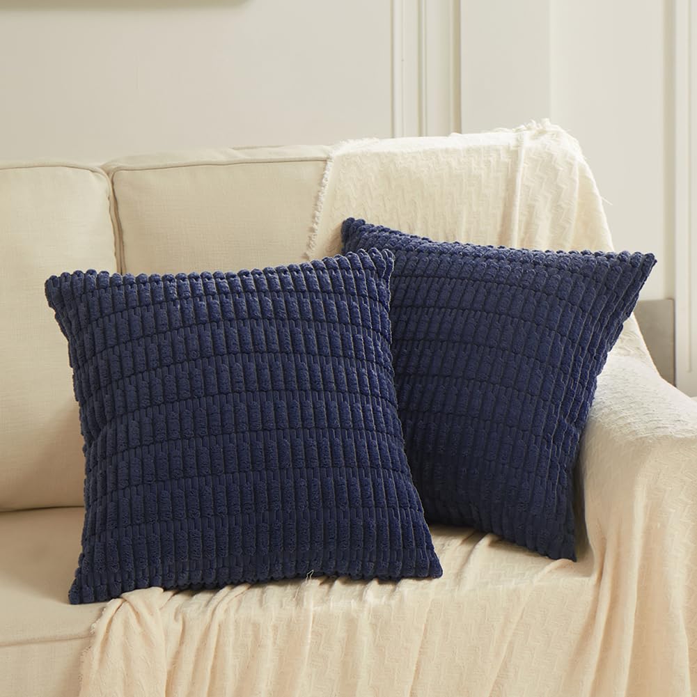 Fancy Homi 2 Packs Navy Blue Decorative Throw Pillow Covers 16X16 Inch For Living Room Couch Bed Sofa, Soft Corduroy Square Cush