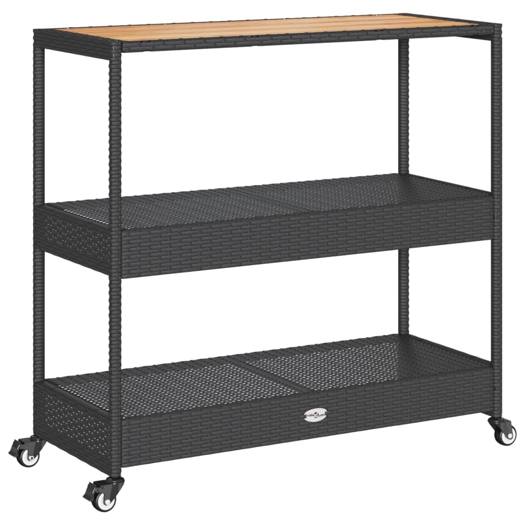 vidaXL Bar Cart 3-Tier Trolley - Black Poly Rattan & Solid Acacia Wood - Indoor/Outdoor Serving Cart with Shelves & Casters - 39.8"x15.7"x39.4"