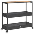 vidaXL Bar Cart 3-Tier Trolley - Black Poly Rattan & Solid Acacia Wood - Indoor/Outdoor Serving Cart with Shelves & Casters - 39.8"x15.7"x39.4"