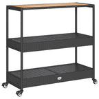 vidaXL Bar Cart 3-Tier Trolley - Black Poly Rattan & Solid Acacia Wood - Indoor/Outdoor Serving Cart with Shelves & Casters - 39.8"x15.7"x39.4"