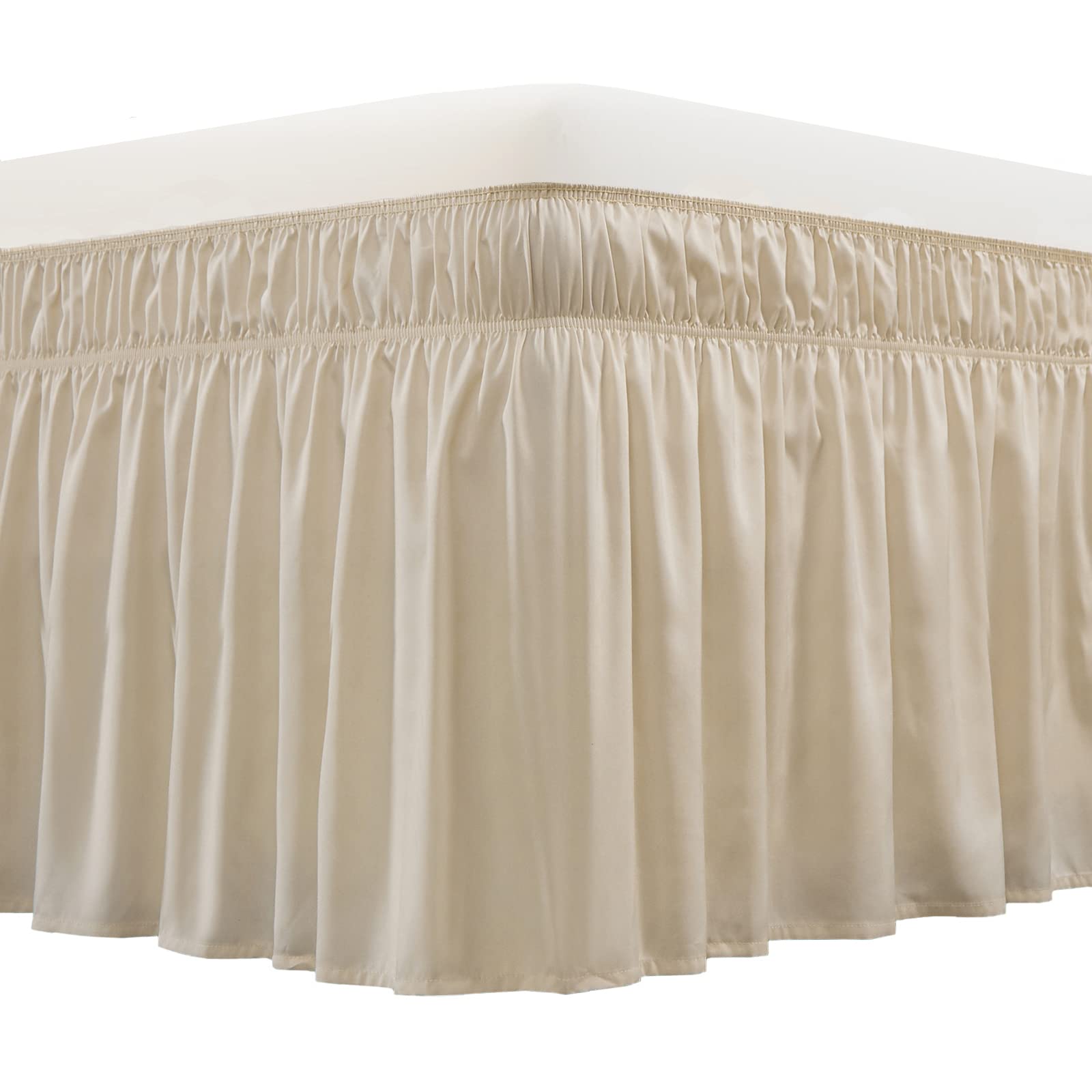 Meila Wrap Around Bed Skirt Three Fabric Sides Elastic Dust Ruffled 14 Inch Tailored Drop,Easy To Install Fade Resistant-Beige,