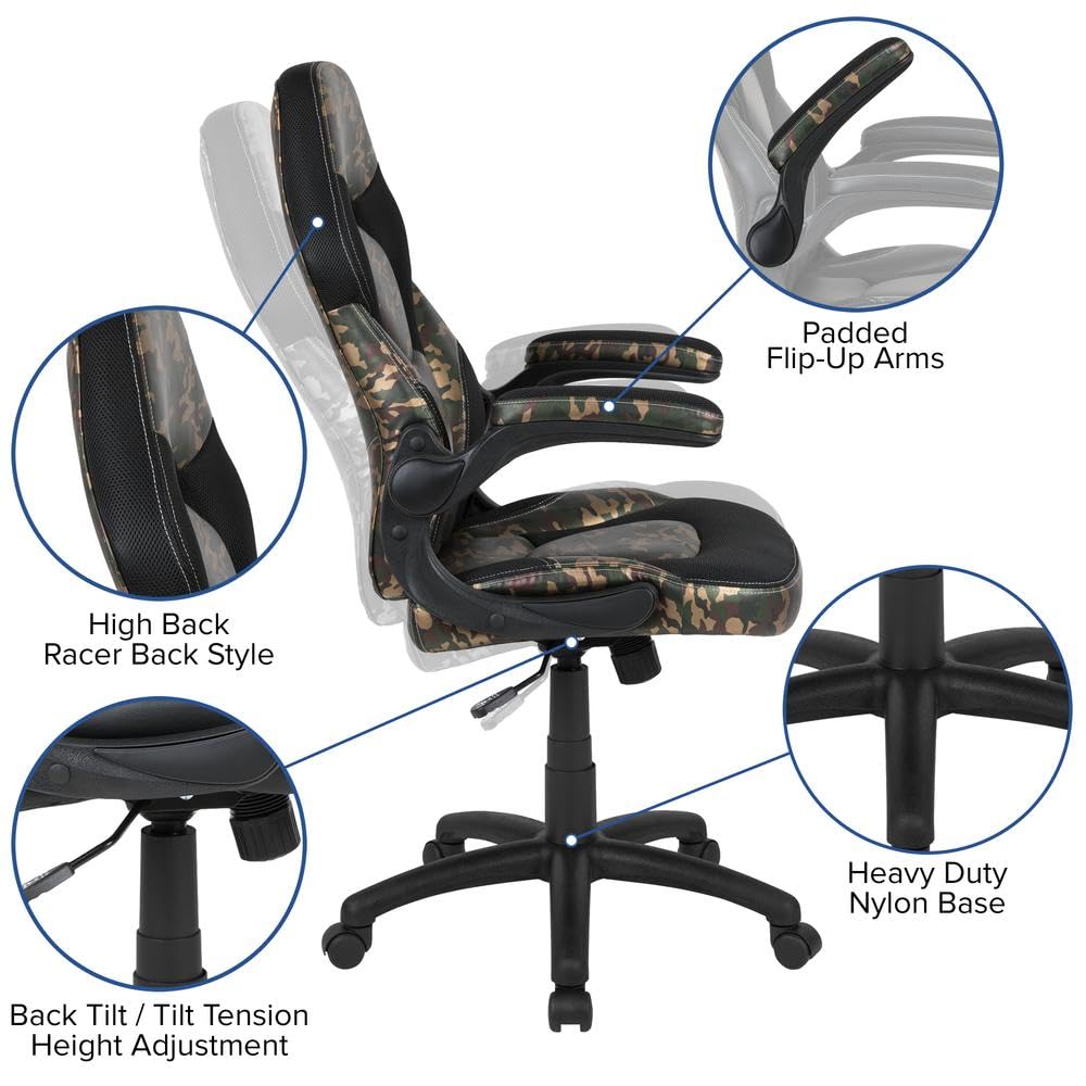 Flash Furniture X10 Gaming Chair Racing Office Ergonomic Computer Pc Adjustable Swivel Chair With Flip-Up Arms, Camouflage/Black Leathersoft