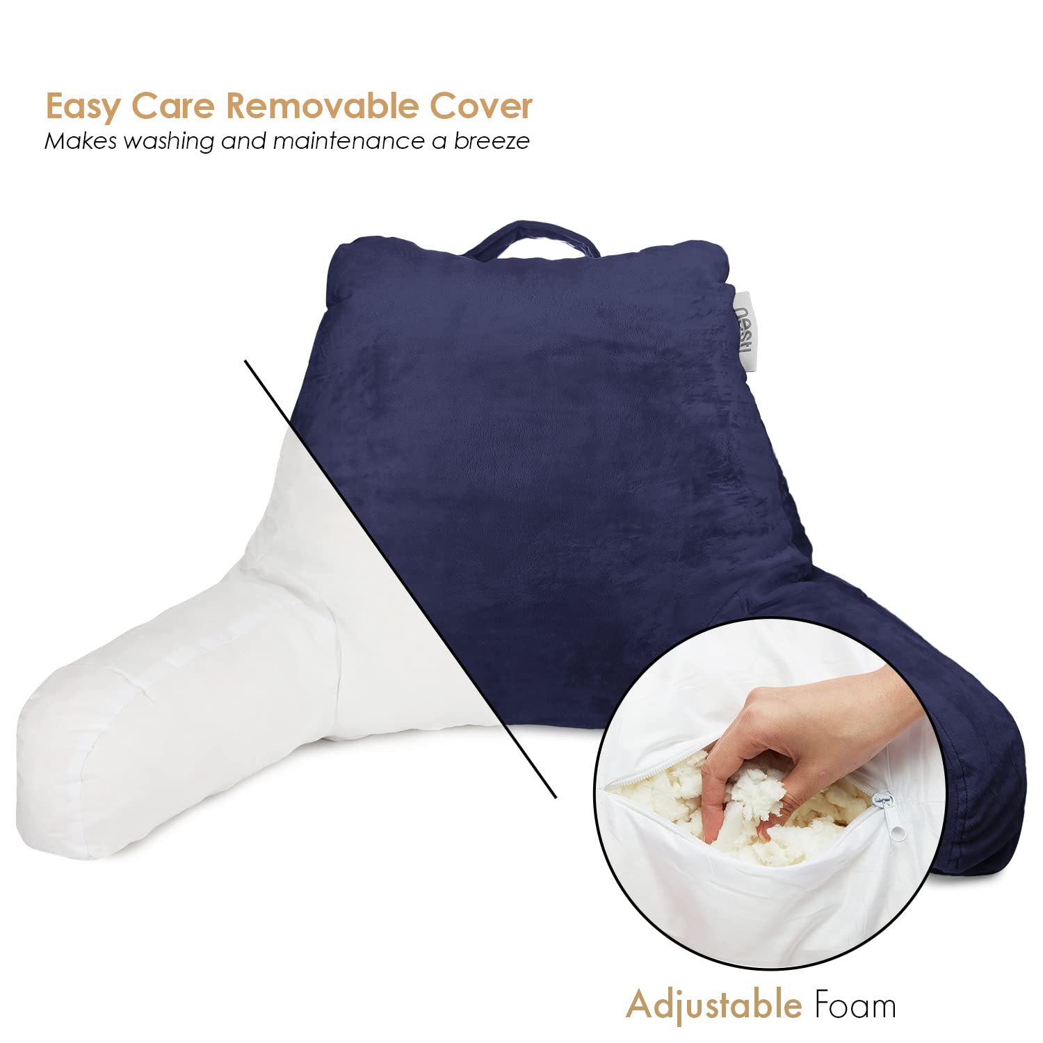 Nestl Reading Pillow Standard Bed Pillow, Back Pillow For Sitting In Bed Shredded Memory Foam Chair Pillow, Reading & Bed Rest Pillows Navy Blue Back Pillow For Bed, Bed Chair Arm Pillow With Pockets
