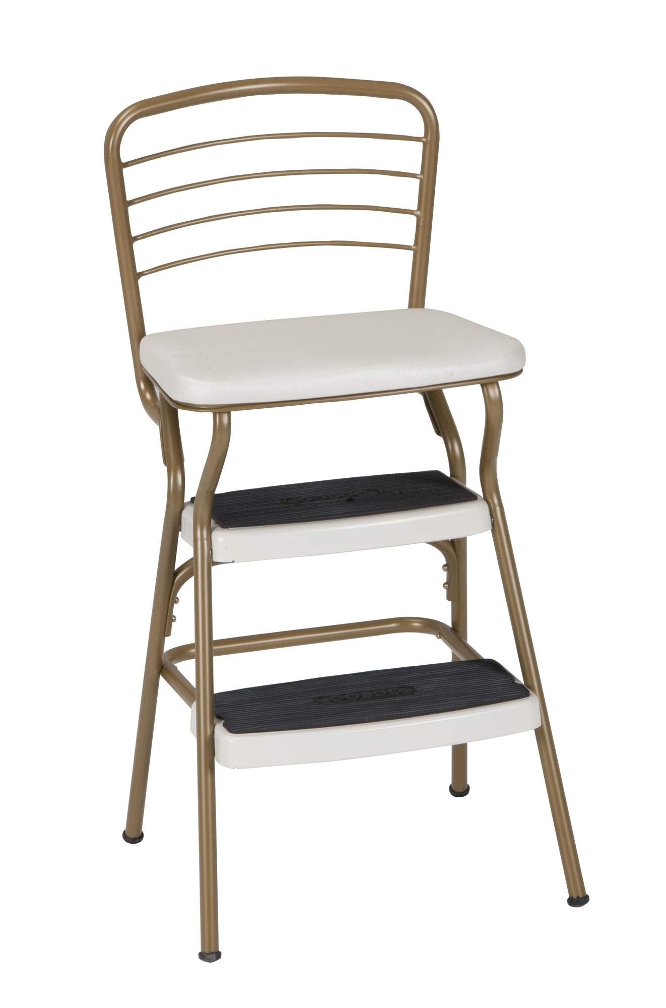 COSCO Stylaire Retro Chair + Step Stool with Flip-Up Seat , Gold & Cream