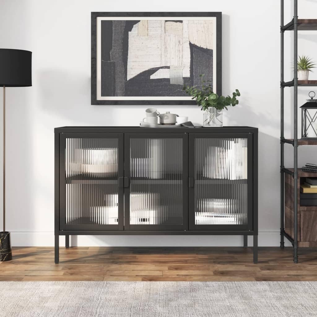 vidaXL Modern Sideboard in Black - Steel and Fluted Glass Construction with Adjustable Shelf and Bottom Levelers - 41.3&quot;x13.8&quot;x27.6&quot;