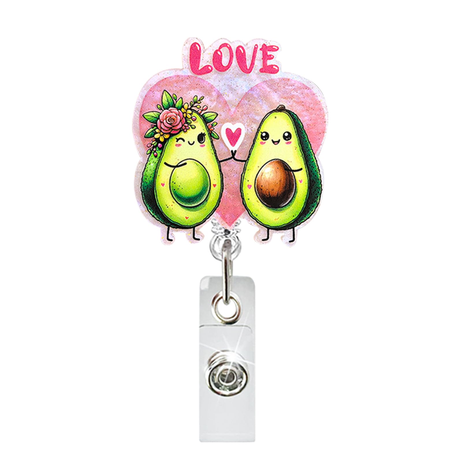 Valentine Badge Reel Love Avocado Retractable Badge Holder Heart Glitter Valentine Badge Clip Name Tag Acrylic Alligator Clip Fo