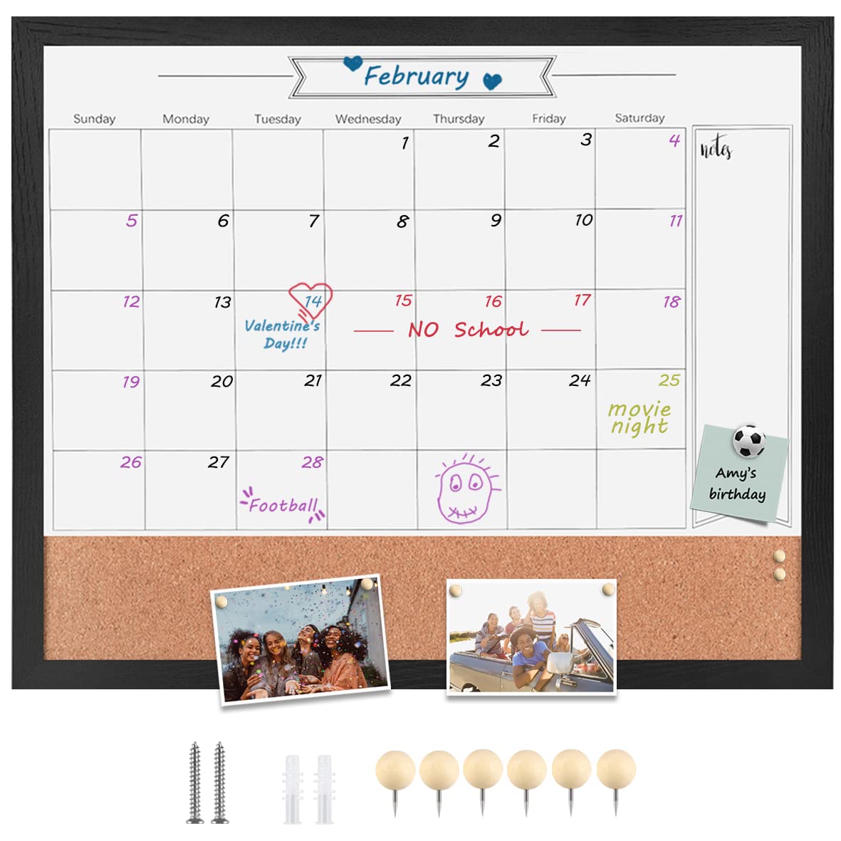 Toraso Whiteboard Calendar & Corkboard 24' X 29' Combination Dry Erase White Board & Bulletin Board, Black Frame Calendar/Cork