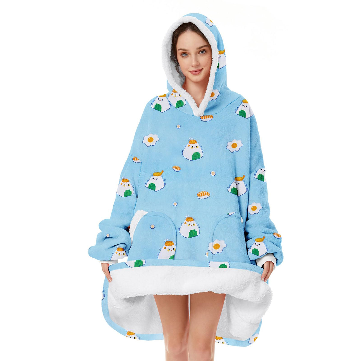 Wearable Blanket With Plush Pockets, Oversized Sherpa Thick Warm Hoodie Blanket Big Sweatshirt, Gifts For Women Men Sushi