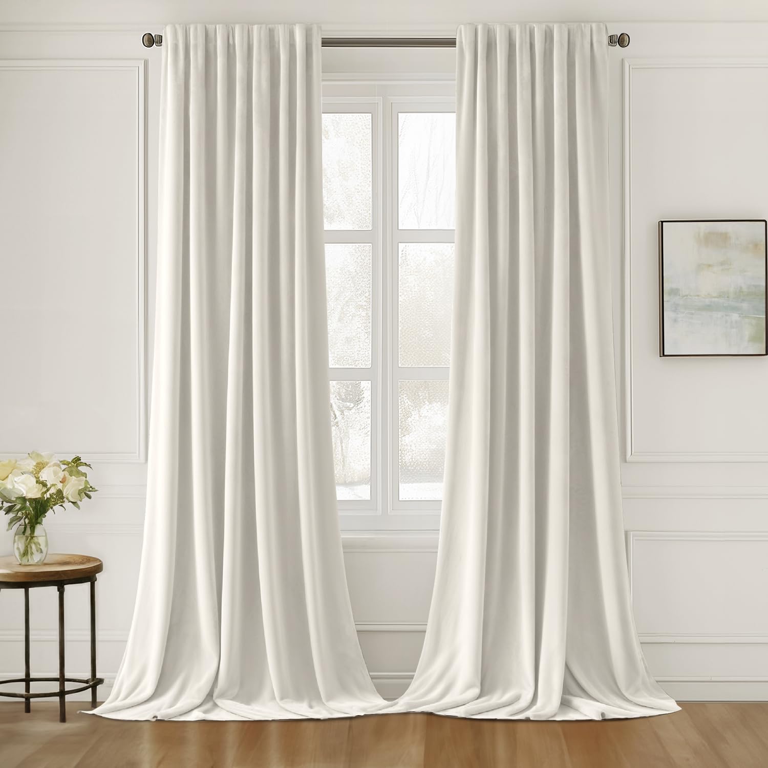 Miulee Ivory White Velvet Curtains 90 Inches Long 2 Panels - Luxury Pinch Pleated Room Darkening Window Drapes For Bedroom Livin