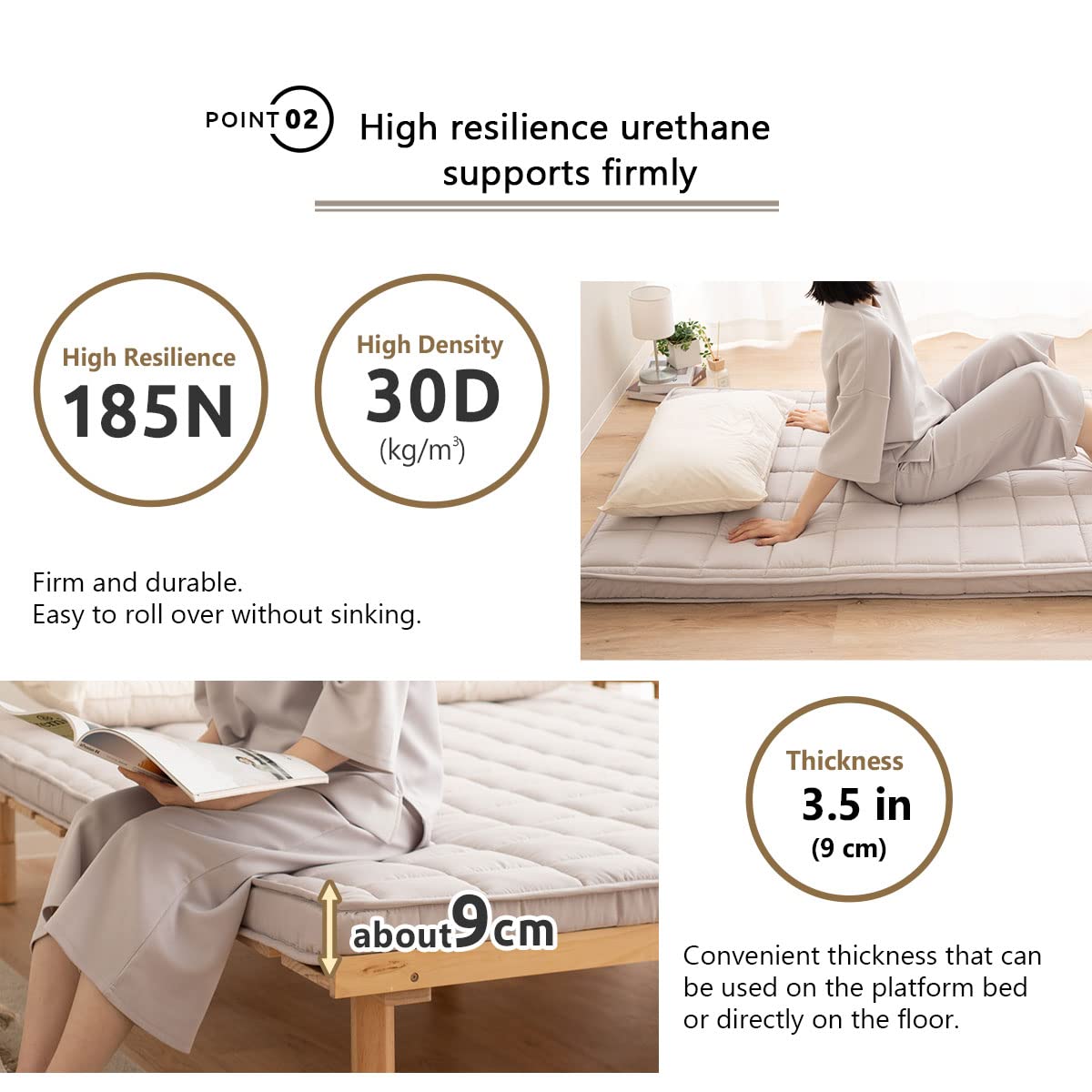 Emoor Japanese Padded Futon Mattress Machi King Gray, Gusset Foldable Storable Elastic Bands Floor Sleeping Guest Bed Tatami Mat