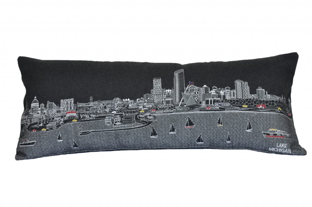 HomeRoots Grey 35' Black Milwaukee Nighttime Skyline Lumbar Decorative Pillow