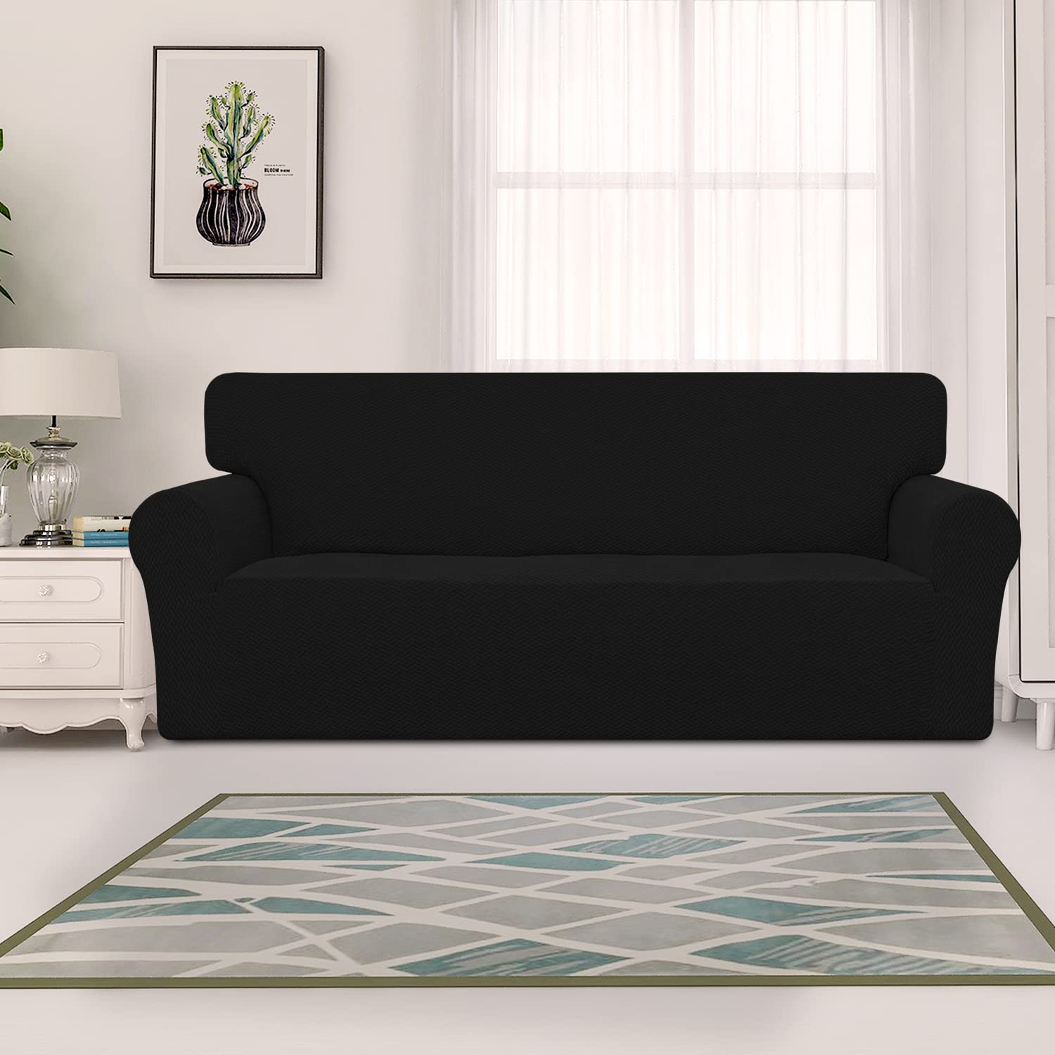 Easy-Going Stretch Jacquard Couch Cover, 1-Piece Soft Sofa Cover, Sofa Slipcover With Anti-Slip Foams, Washable Furniture Protector For Kids, Pets (Sofa, Black)