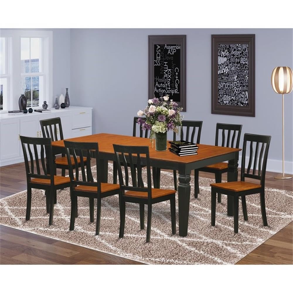 East West Furniture LGAN9-BCH-W 9 Piece Dining Table Set Includes a Rectangle Dining Room Table with Butterfly Leaf and 8 Wooden Seat Chairs, 42x84 Inch, Black & Cherry