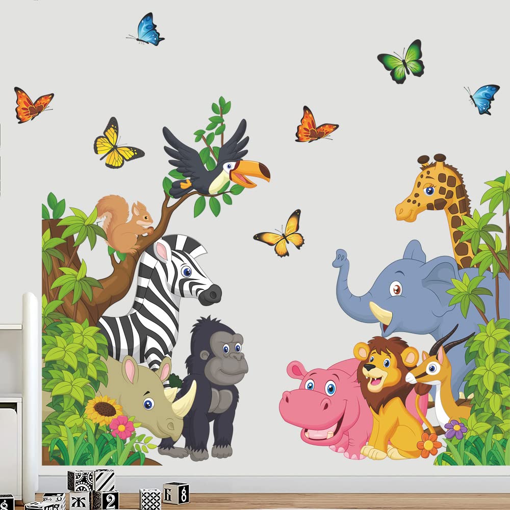 Supzone Cartoon Animal Wall Decal Jungle Animals Wall Stickers Elephant Lion Zebra Butterfly Wall Decor for Kids Baby DIY Vinyl 